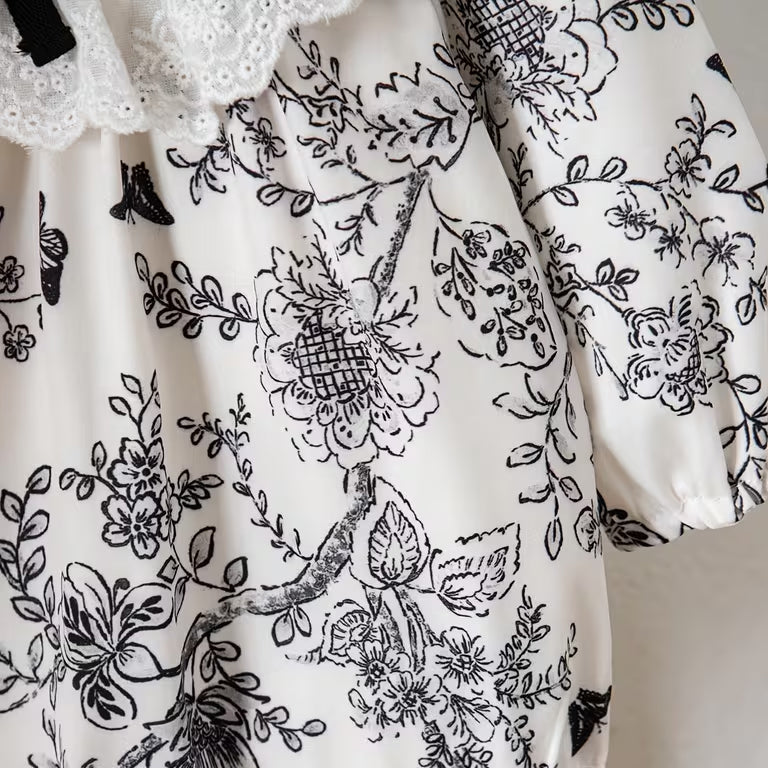 2PCS Vintage Floral Print Lace Eyelet Long Sleeve Baby Girl Romper