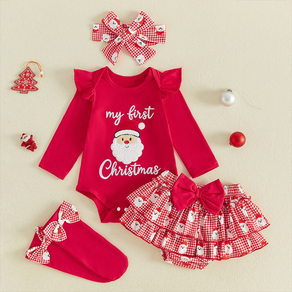 4 PCS Pretty My First Christmas Letter Santa Plaid Print Baby Set