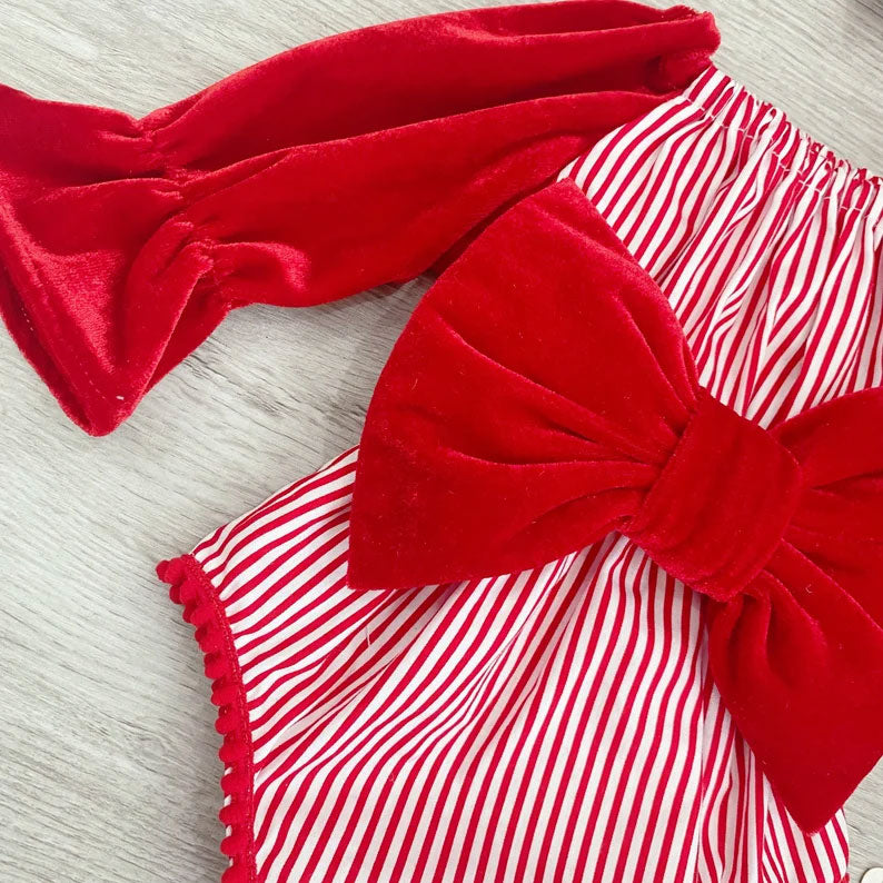 2PCS Chic Red Velvet Stripe Printed Bow Long Sleeve Baby Romper