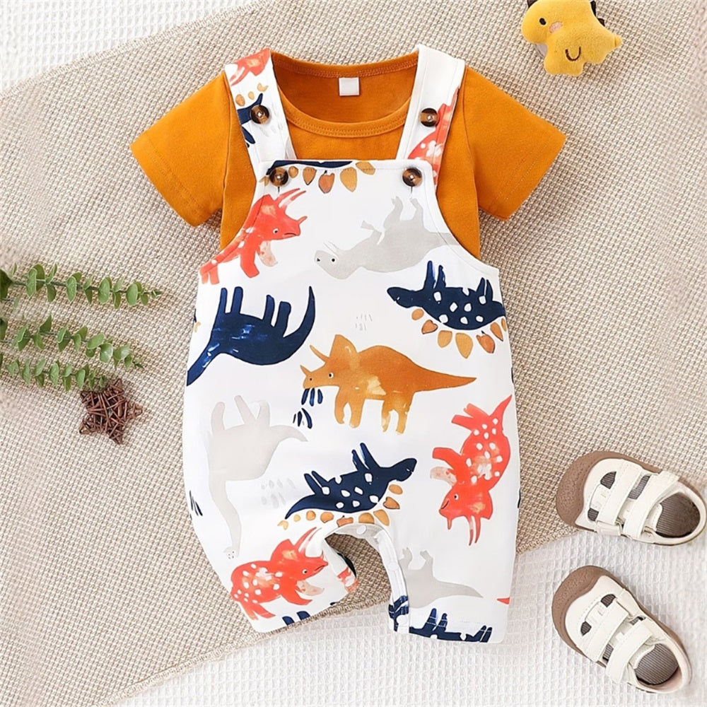 2PCS Summer Dinosaur Printed Short Sleeve Baby Overalls Set