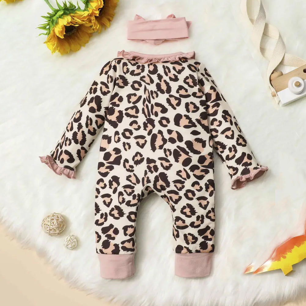 2PCS Leopard Printed Long Sleeve Ruffled Decoration Baby Jumpsuit