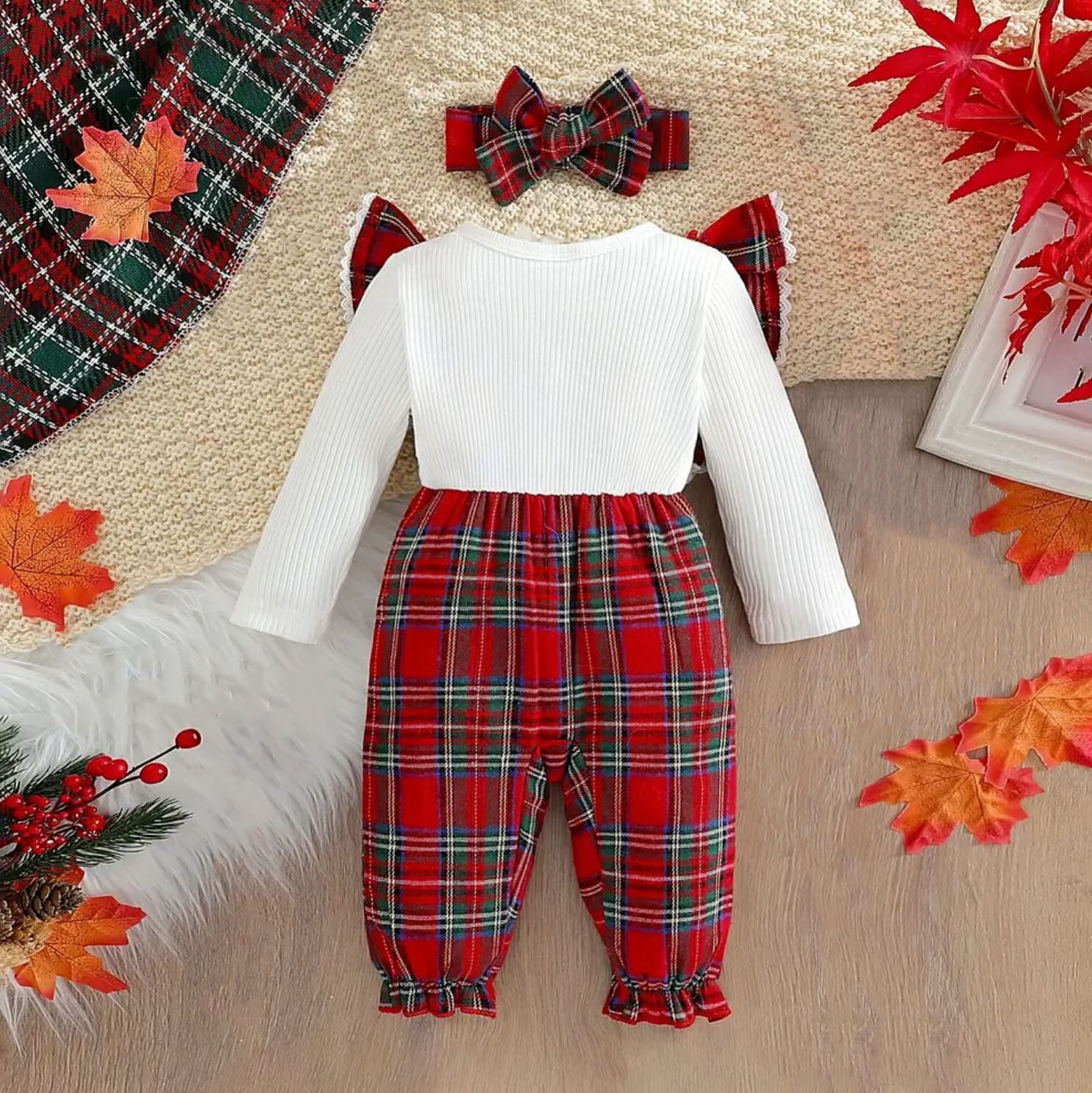 2PCS Stylish Plaid Print Bow Long Sleeve Baby Jumpsuit