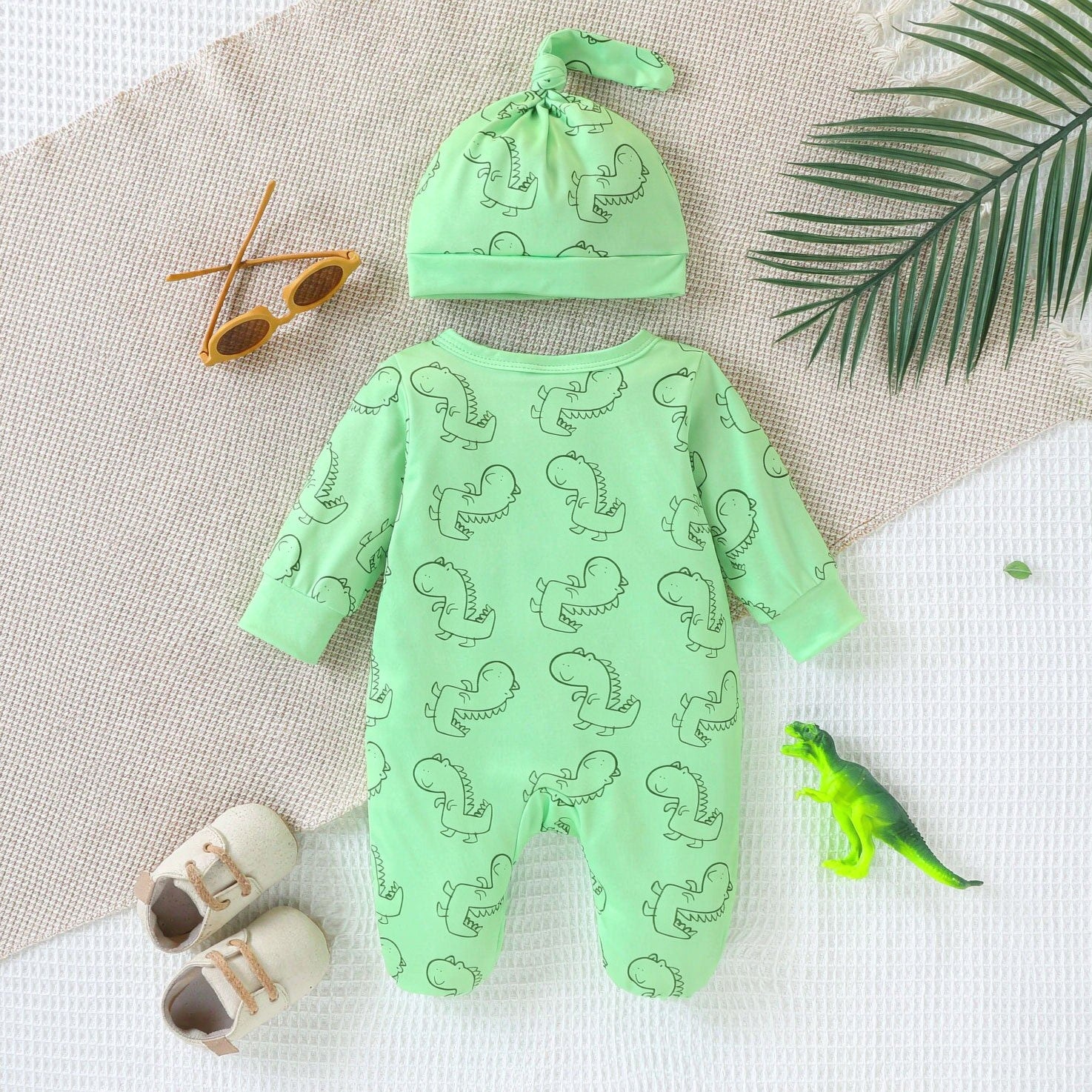 2PCS Cute Dinosaur Print Long Sleeve Baby Boy Jumpsuit
