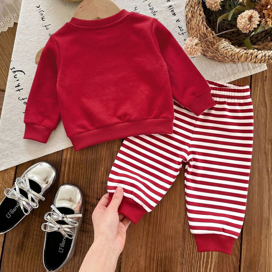 2PCS Ho Ho Ho Letter Santa Claus Stripe Print Long Sleeve Baby Set