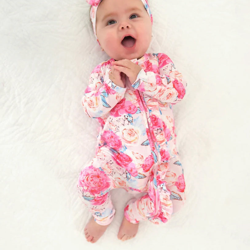 Stylish Pretty Floral Printed Ruffled Long Sleeve Baby Jumpsuit