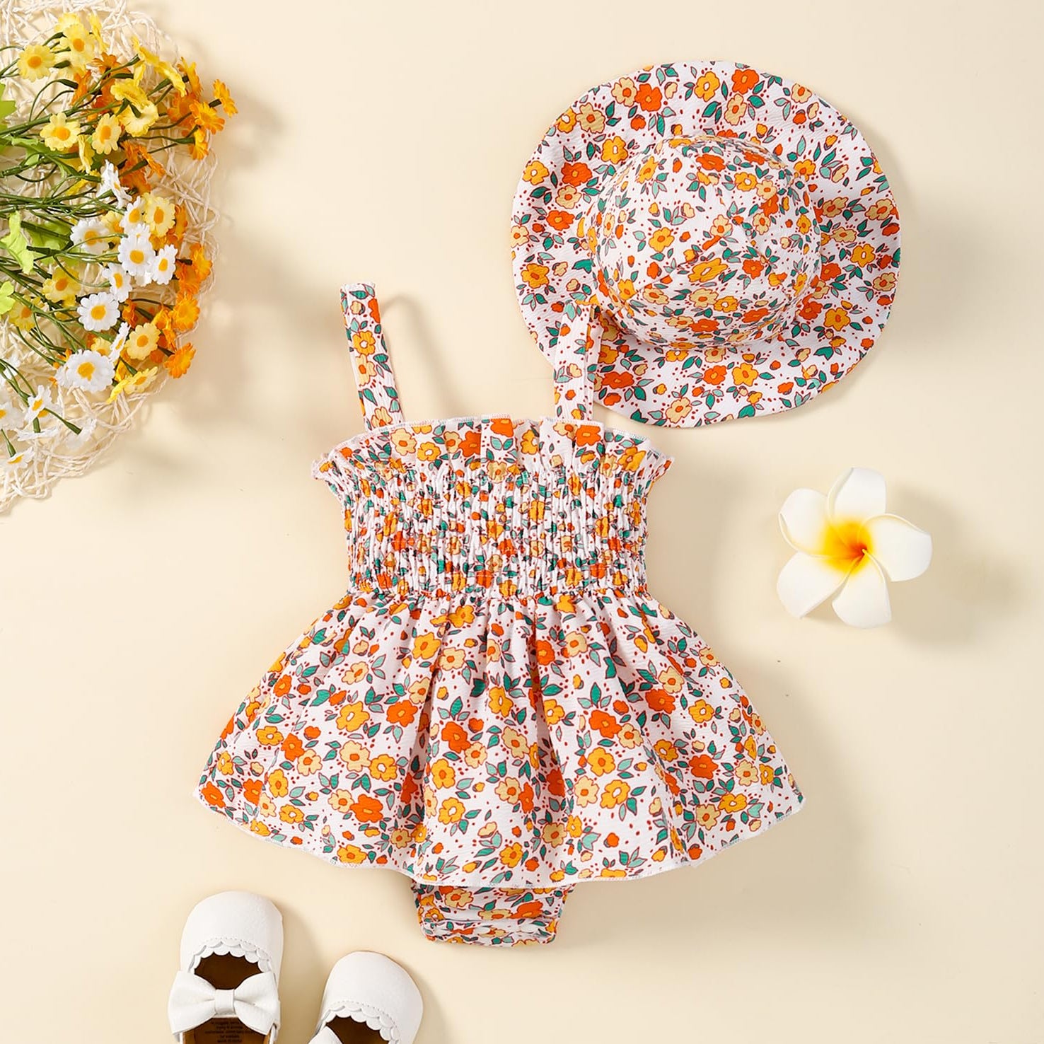2PCS Allover Floral Printed Sleeveless Baby Romper