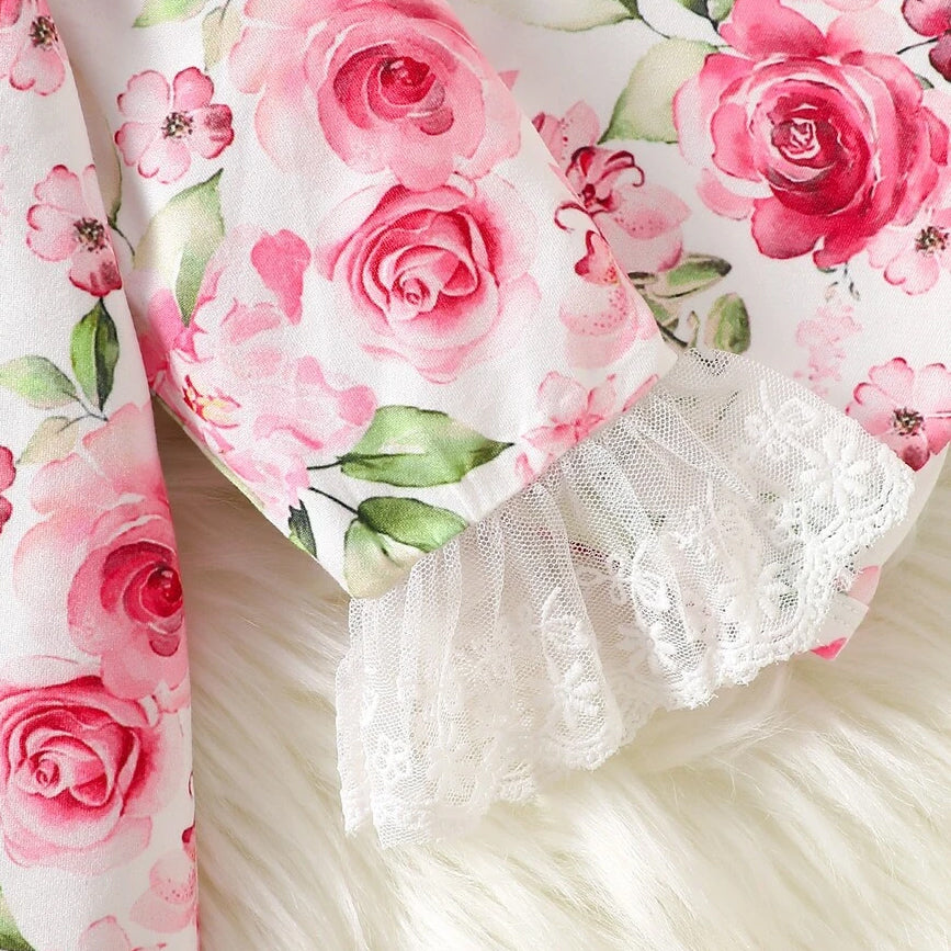 2PCS Vivid Floral Print Lace Long Sleeve Baby Girl Jumpsuit