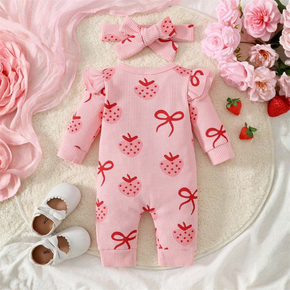2PCS Strawberry and Bow Print Long Sleeve Baby Jumpsuit