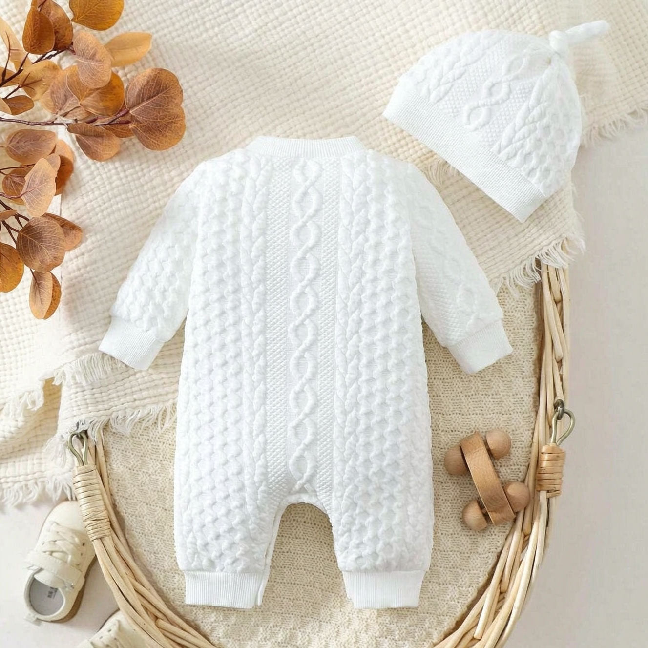 2PCS Classy Solid Color Long Sleeve Baby Knit Jumpsuit