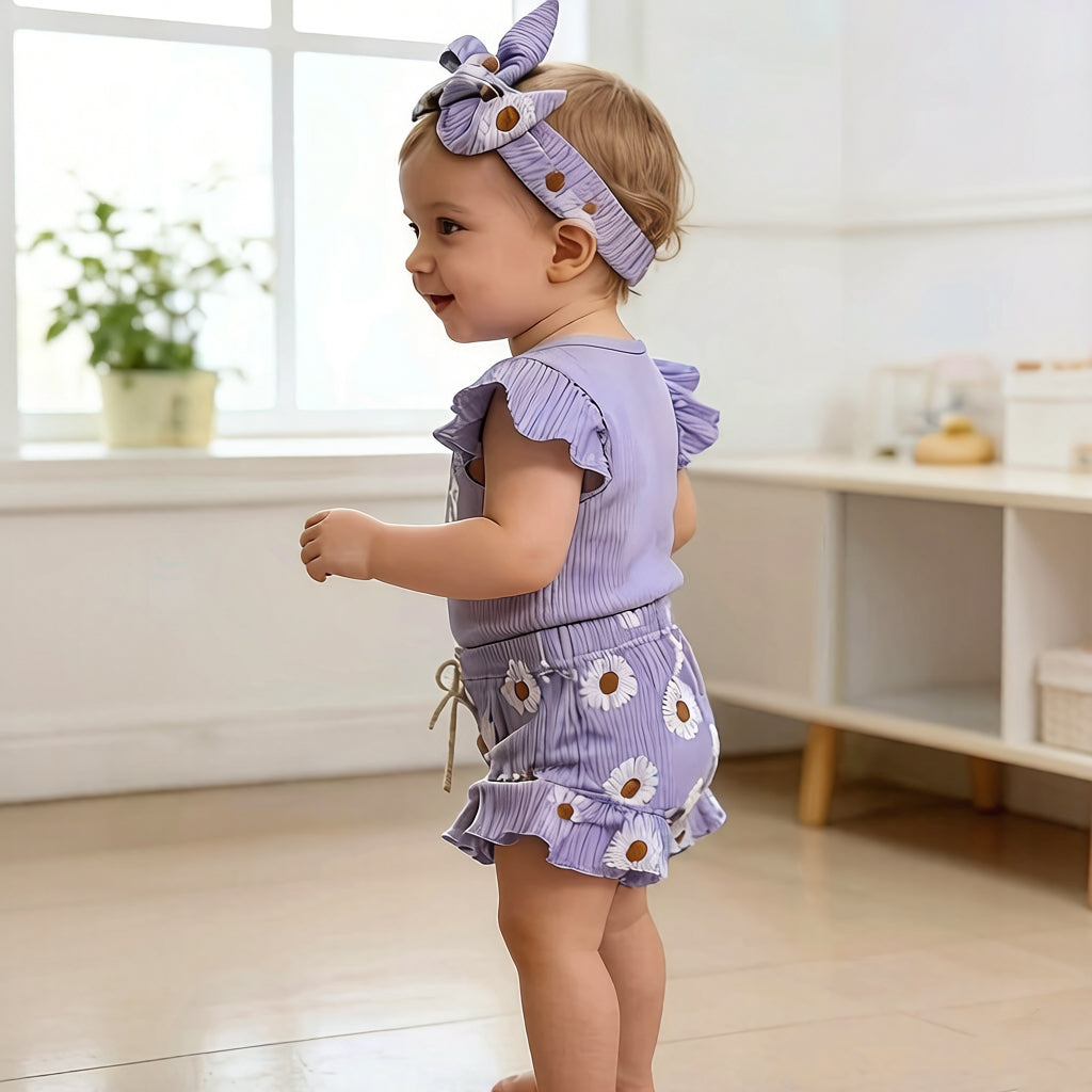 3PCS Daddy's Girl Letter Daisy Print Flutter Sleeve Baby Set