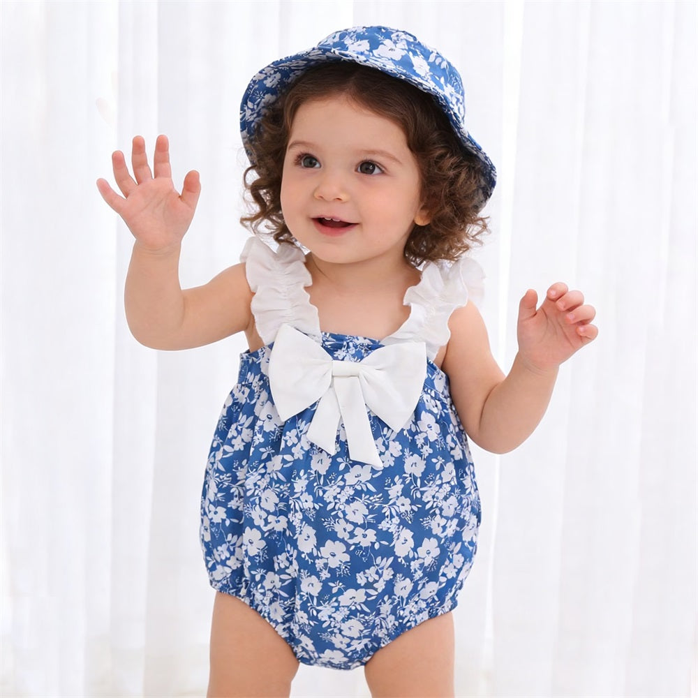 2PCS Cute Floral Printed Frill Suspender Baby Romper