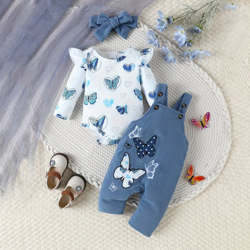 3PCS Pretty Butterfly Printed Long Sleeve Baby Overalls Set