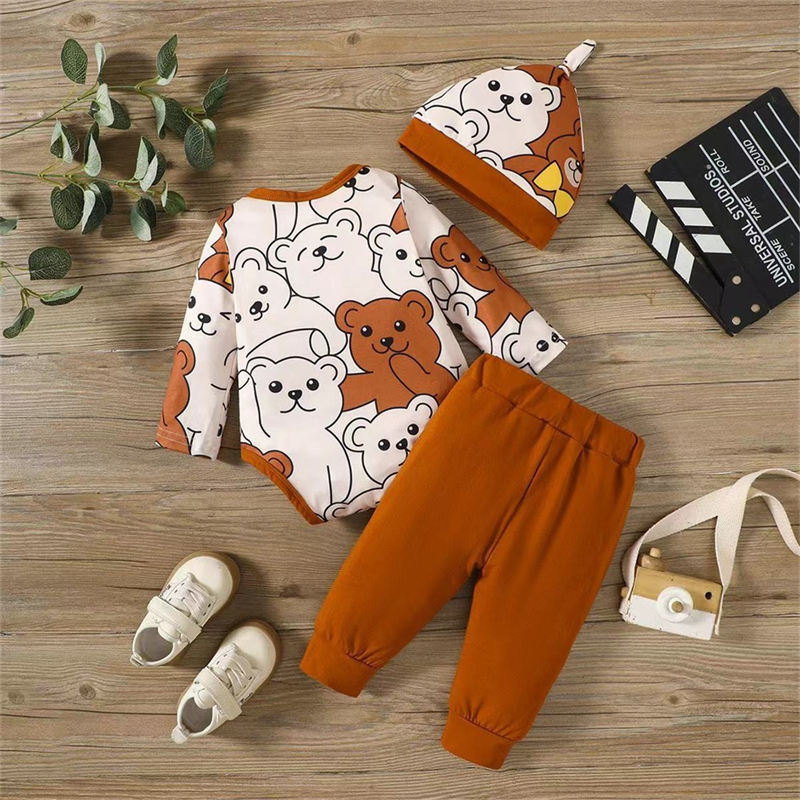 3PCS Lively Bear Printed Bow Baby Set