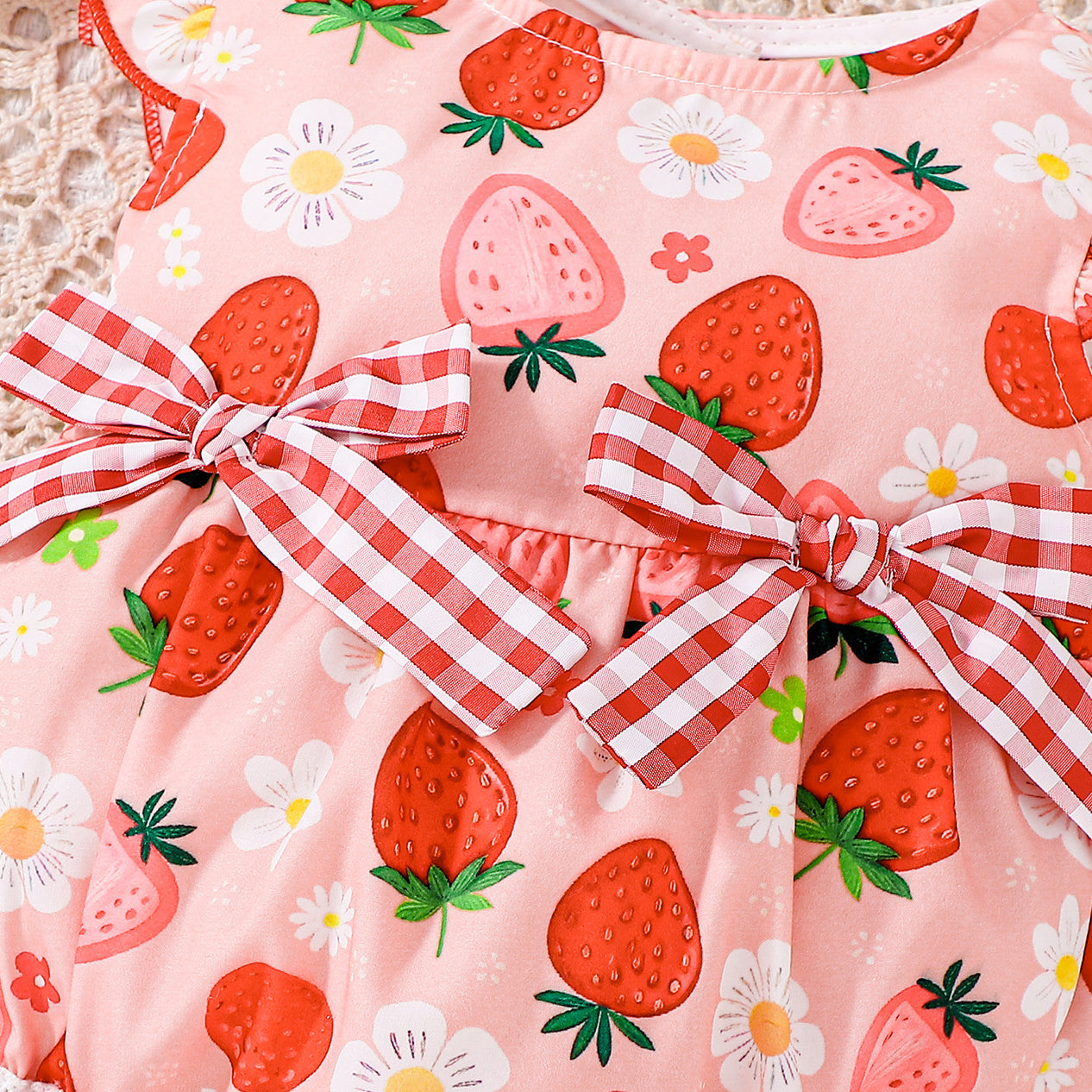 Vibrant Strawberry & Floral Print Bow Flutter Sleeve Baby Romper