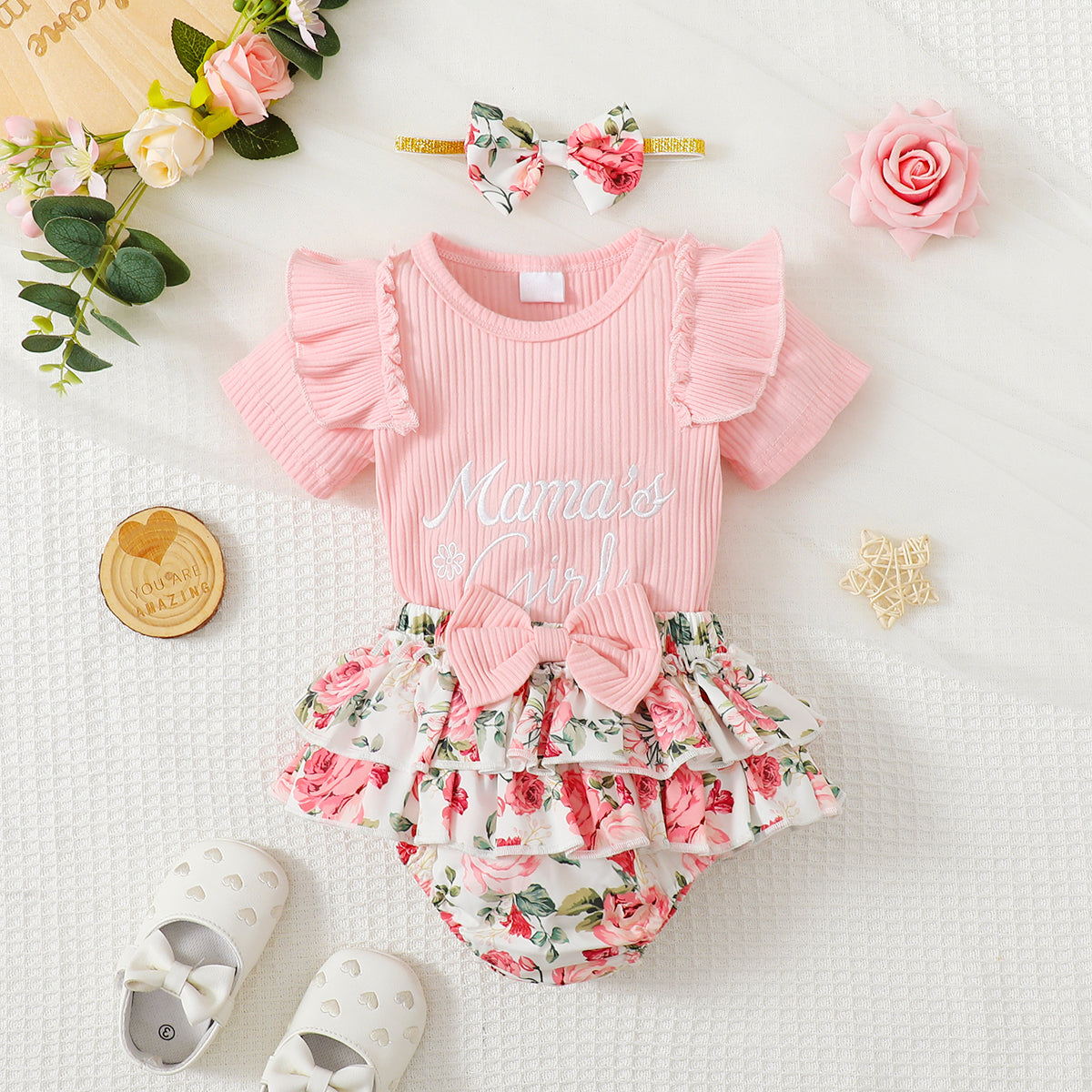3PCS Sweet Mama's Girl Floral Printed Baby Girl Set