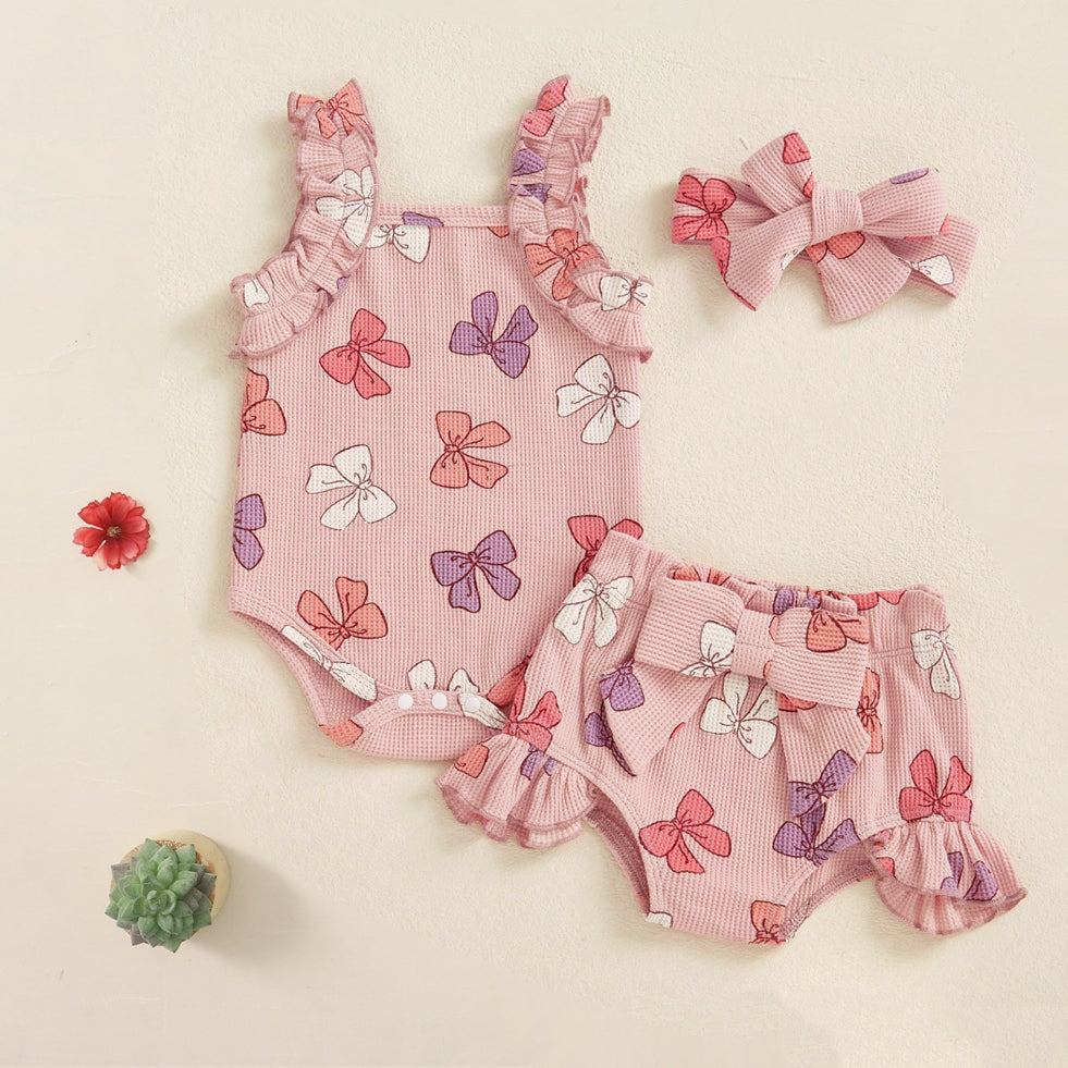 3PCS Sweet Bow Printed Ruffled Sleeveless Baby Set