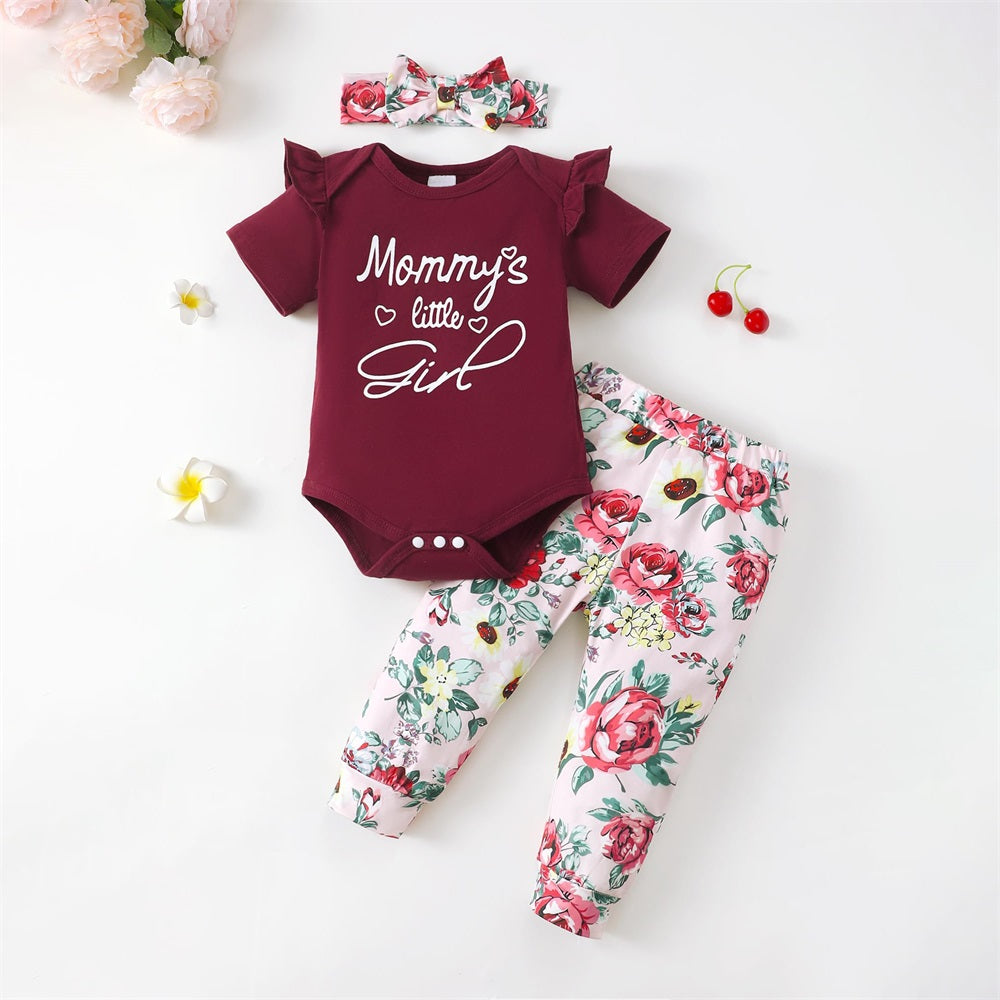 3PCS Mommy's Little Girl Letter Floral Print Short Sleeve Baby Set