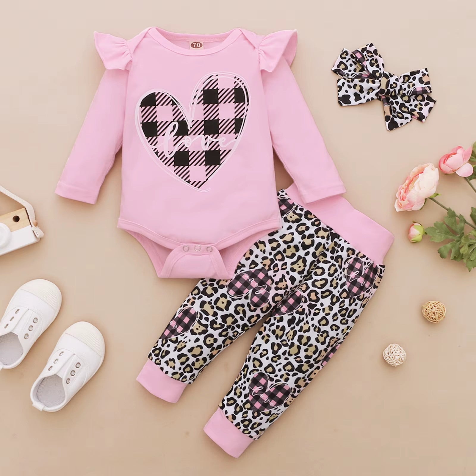 3PCS Lovely Heart Leopard Print Baby Set