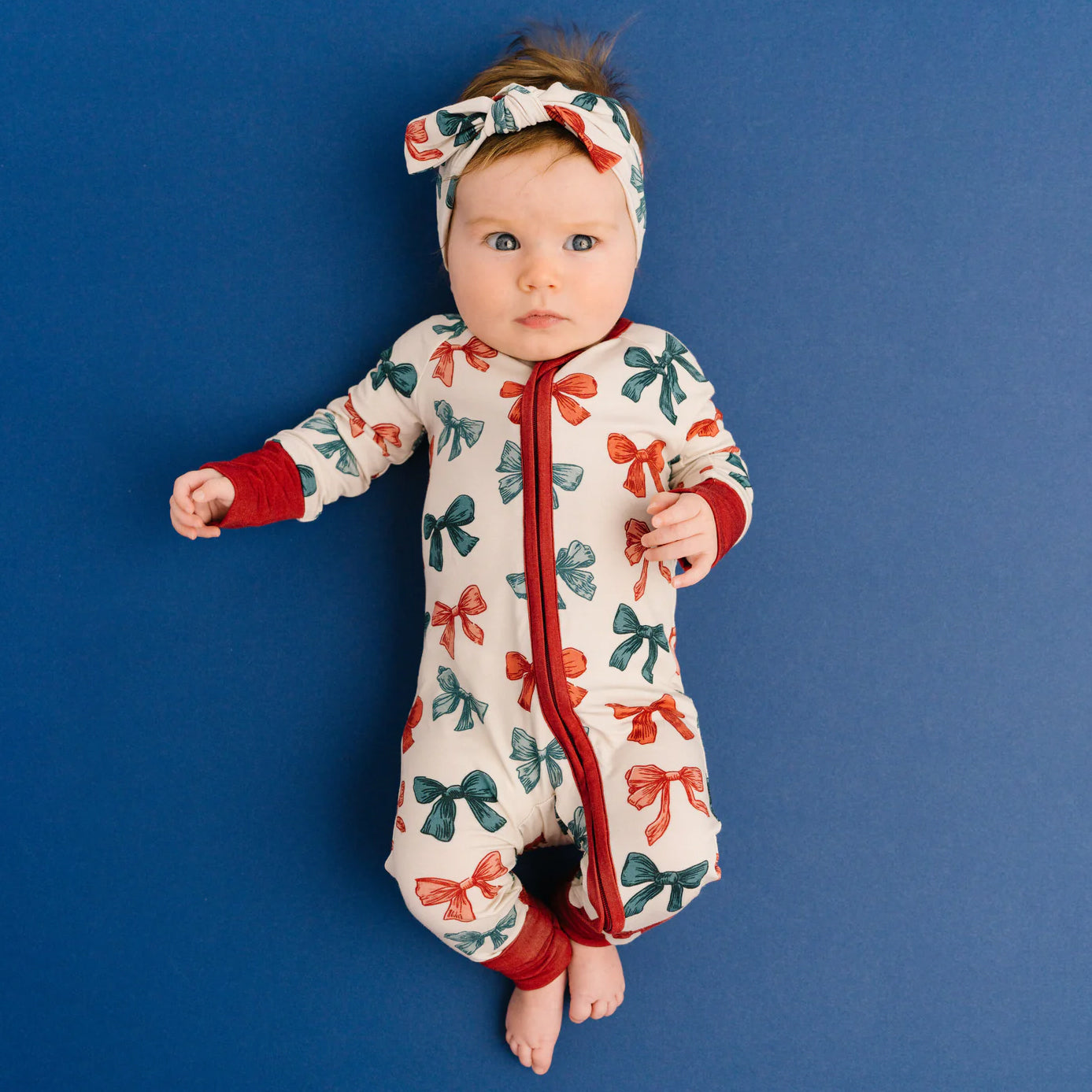 2PCS Pretty Bow Print Long Sleeve Zipper Baby Jumpsuit