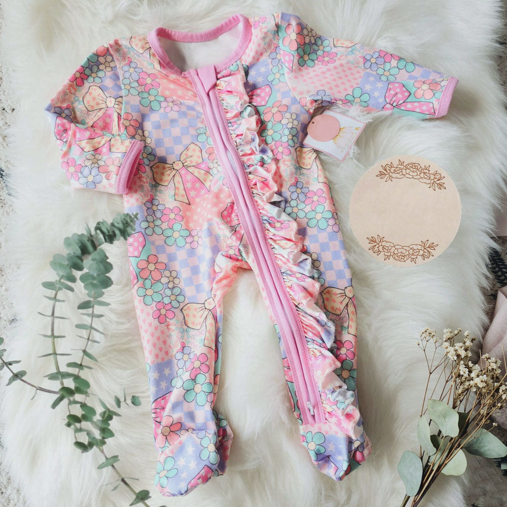 Cute Floral Plaid Printed Zipper Long Sleeve Baby Jumpsuit