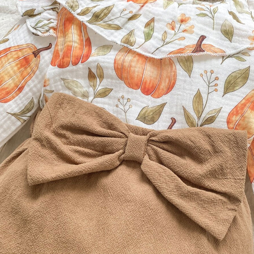 2PCS Color Block Pumpkin Print Bow Long Sleeve Baby Jumpsuit