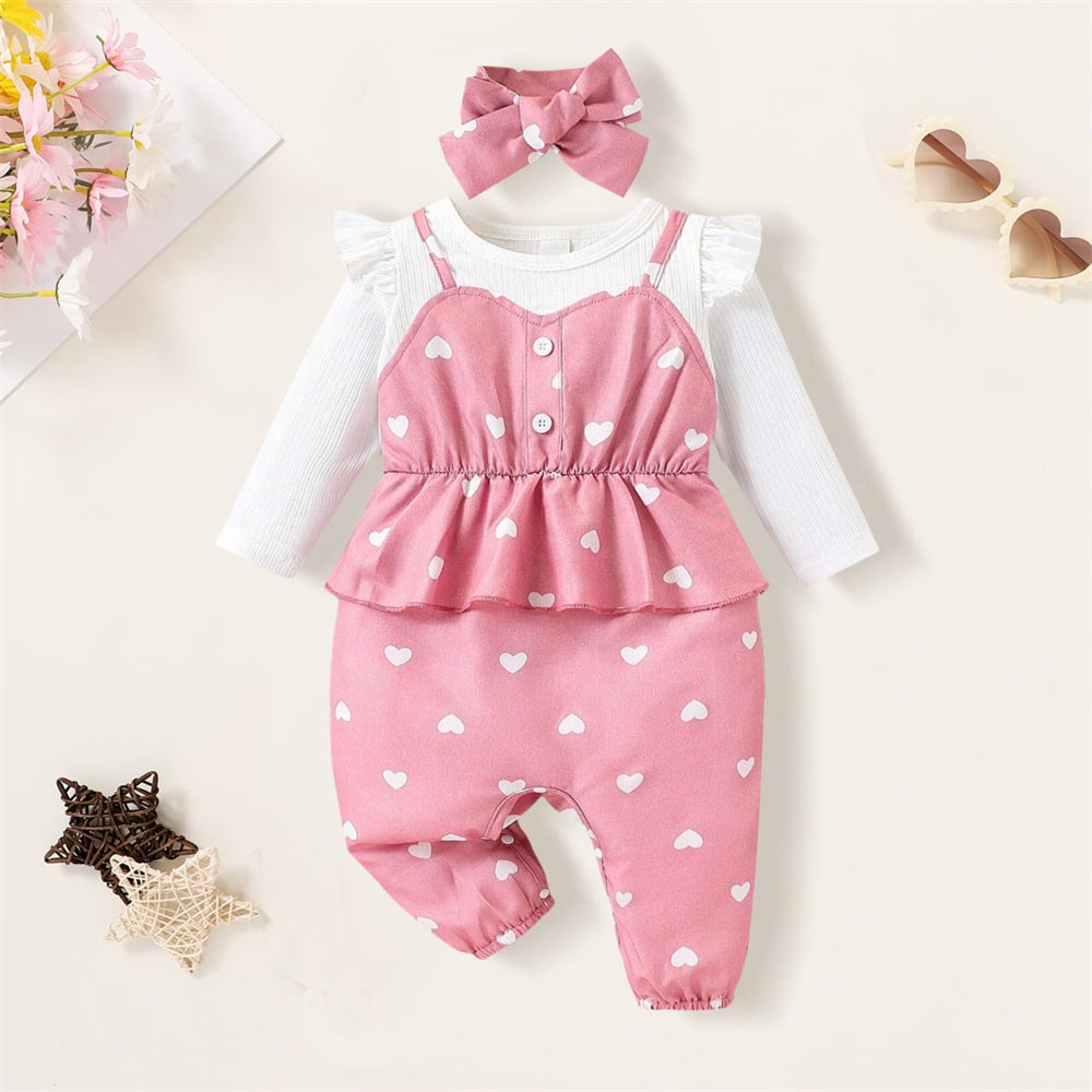 2PCS Pink Heart Print Long Sleeve Baby Jumpsuit