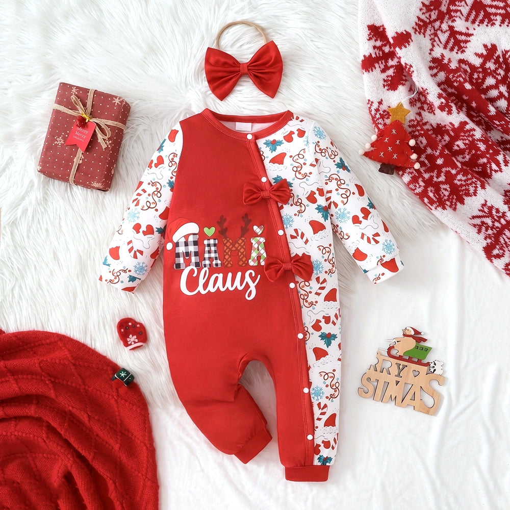 2PCS Lovely Mama Claus Letter Holiday Print Bow Baby Girl Jumpsuit