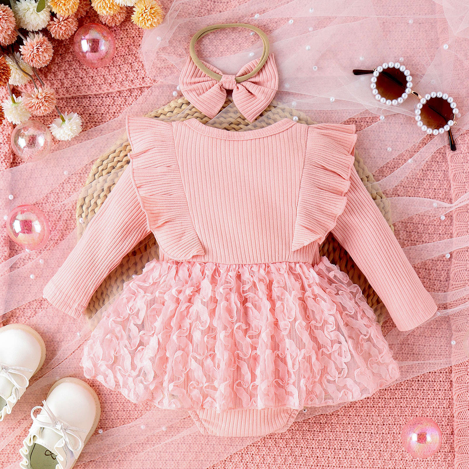 2PCS Pleated Tulle Trim Long Sleeve Baby Romper