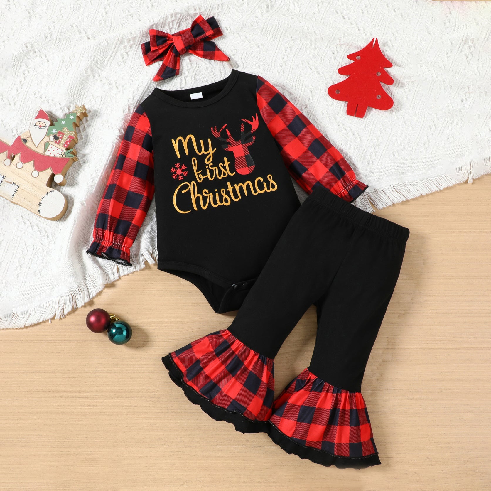 3PCS My First Christmas Letter Plaid Deer Printed Baby Set