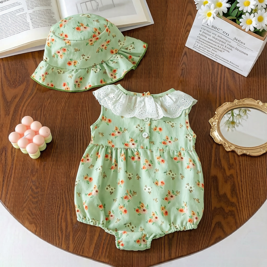 2PCS Sweet Floral Print Sleeveless Baby Girl Romper