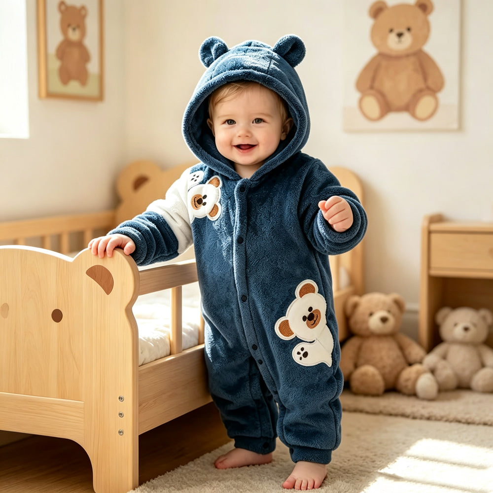 Fuzzy Bear Applique Long Sleeve Baby Hoodie Jumpsuit