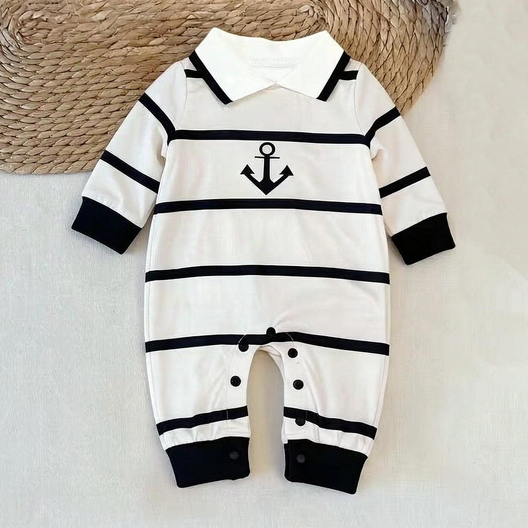 Casual Anchor Stripe Print Long Sleeve Baby Boy Jumpsuit