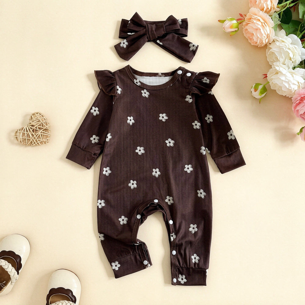 2PCS Endearing Floral Print Long Sleeve Baby Girl Jumpsuit