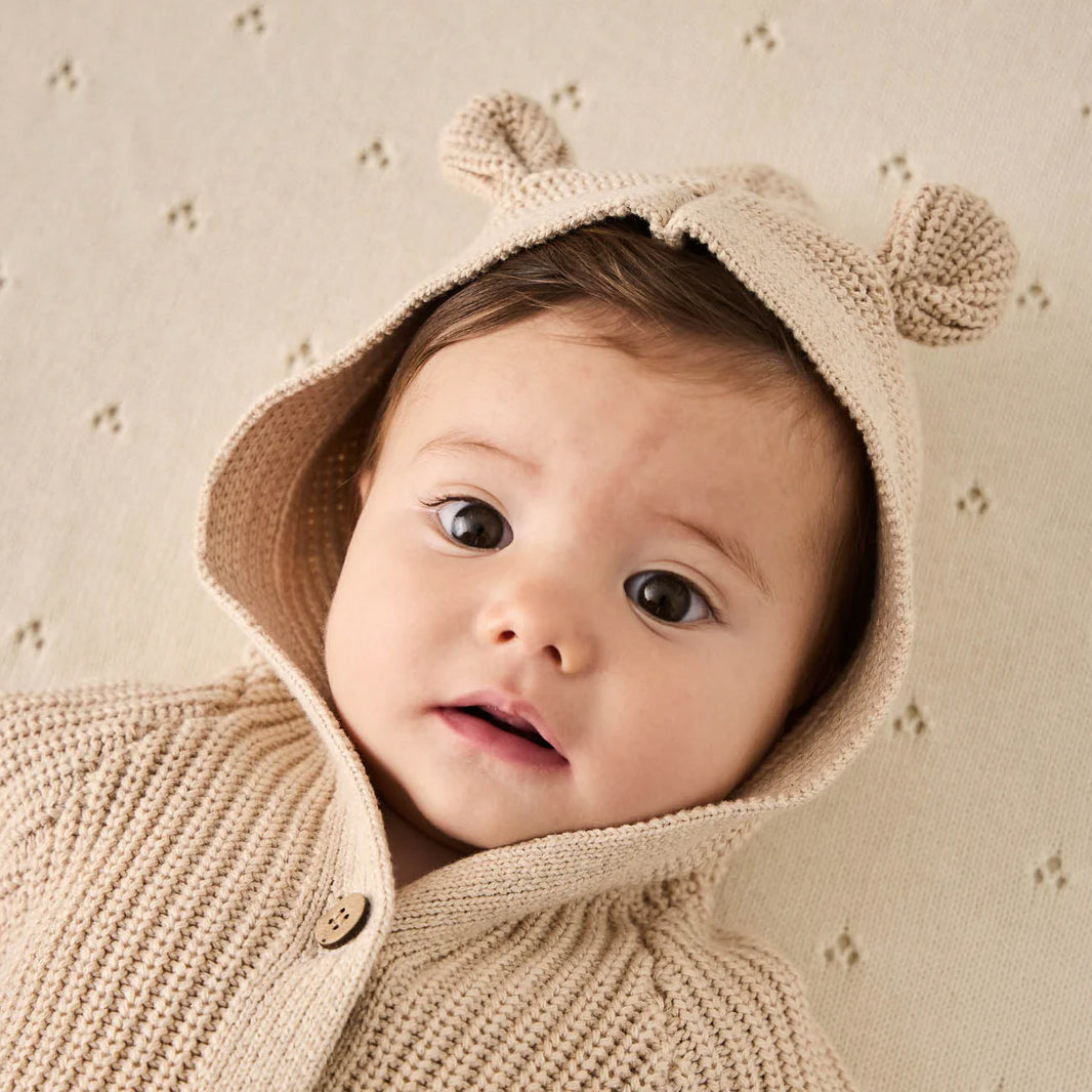 Comfy Solid Color Knitted Long Sleeve Baby Hooded Jumpsuit