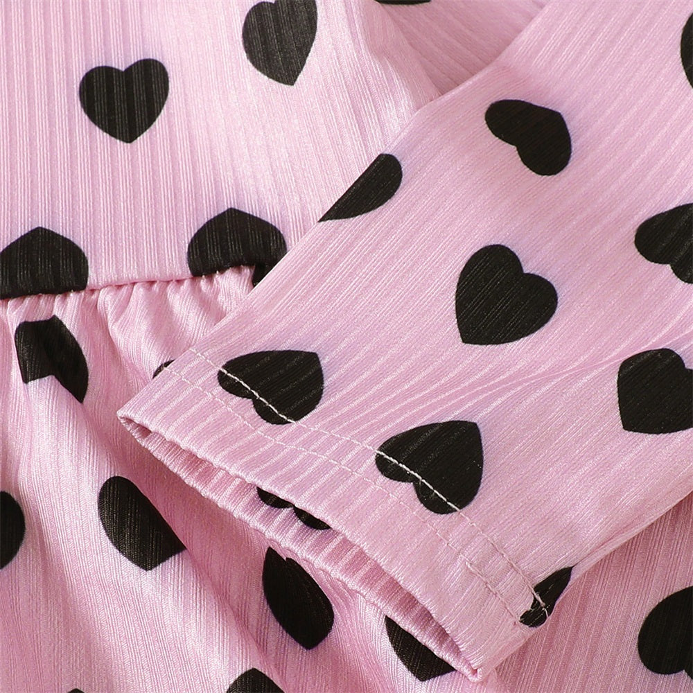 2PCS Heart Print Long Sleeve Top Jeans Pants Baby Set