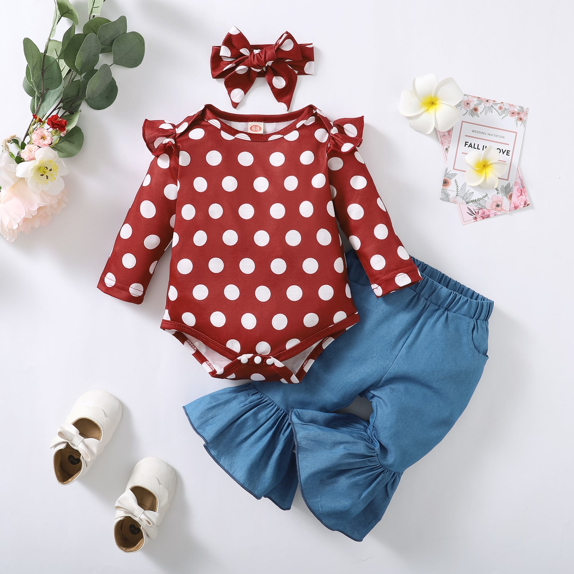 3PCS Stylish Polka Dots Printed Long Sleeve Baby Set