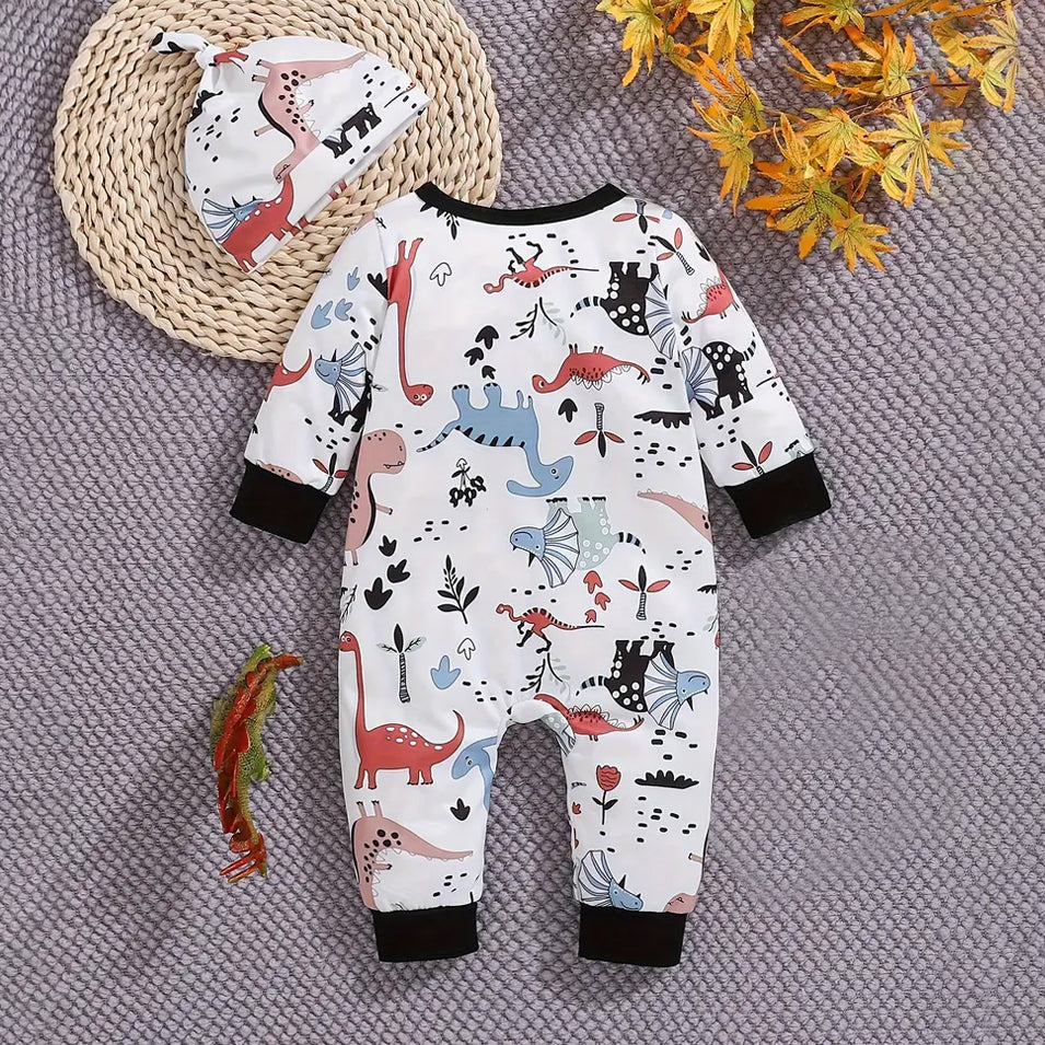 2PCS Cute Dinosaur Printed Long Sleeve Zipper Baby Jumpsuit