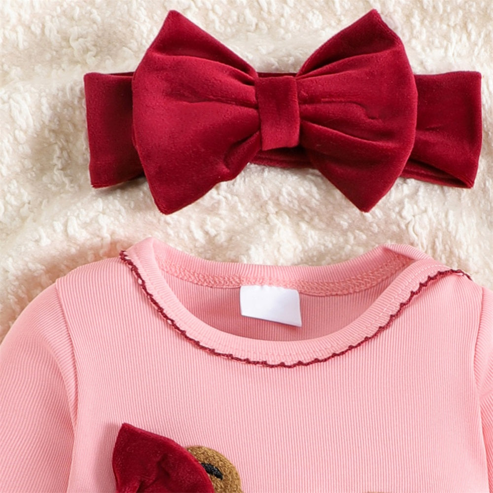 3PCS Cute Bear Embroidery Long Sleeve Baby Girl Set