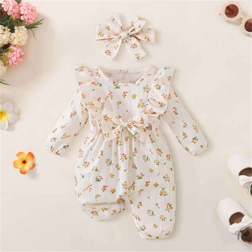 2PCS Allover Floral Printed Bowknot Baby Jumpsuit