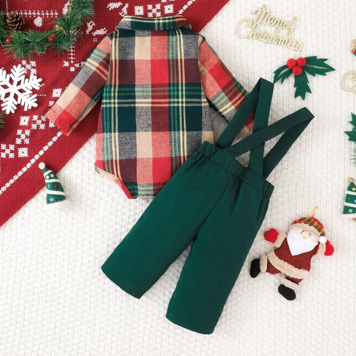 2PCS Stylish Santa Plaid Print Long Sleeve Baby Boy Overalls Set