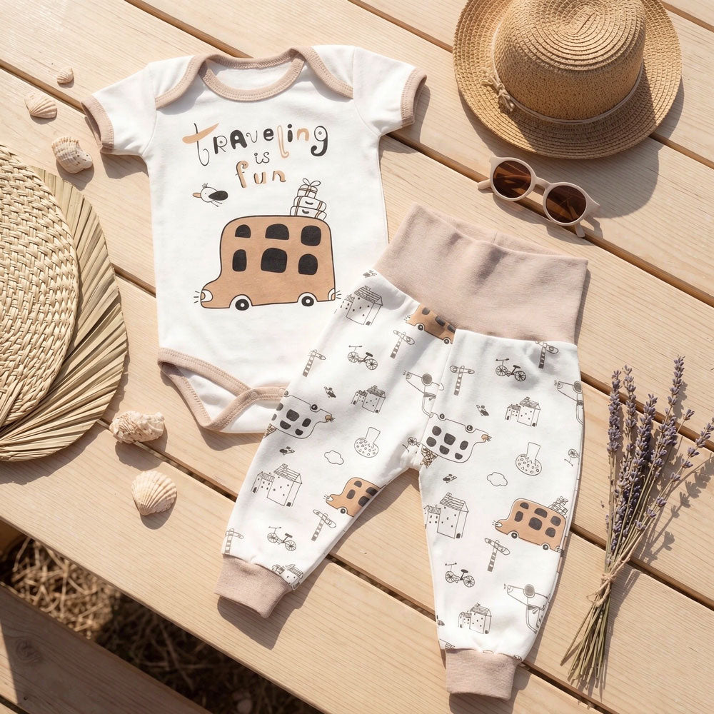 2PCS Funny Letter and Cartoon Travel-Themed Print Baby Set