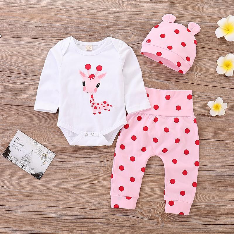 Giraffe Printed Romper Polka Dots Pants with Hat Set