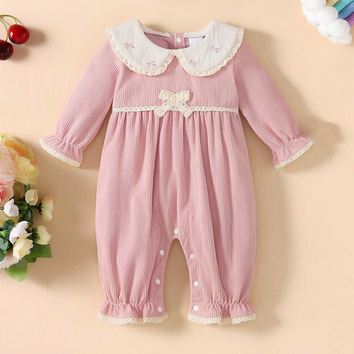 Elegant Bow Embroidery and Lace Trim Long Sleeve Baby Jumpsuit