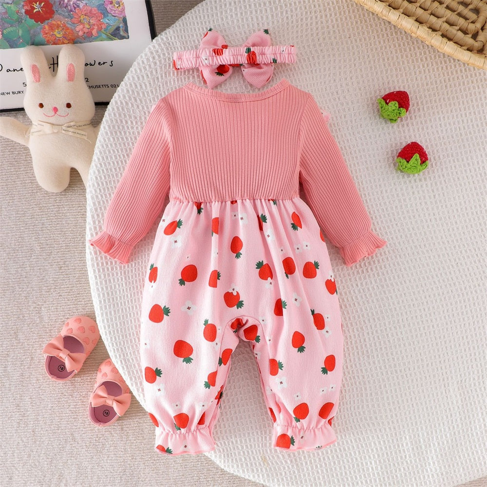 2PCS Sweet Strawberry Print Bow Long Sleeve Baby Jumpsuit