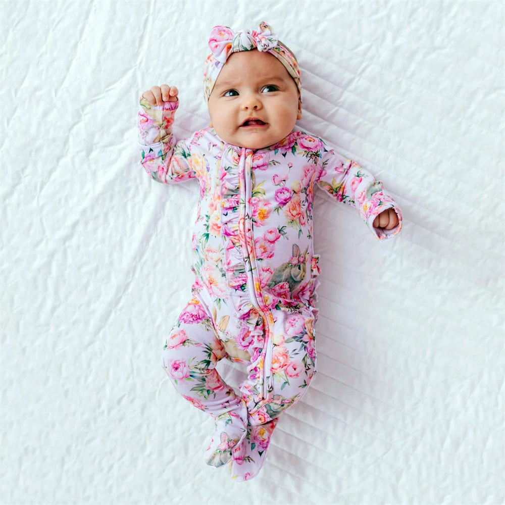 2PCS Bunny and Floral Print Long Sleeve Baby Jumpsuit