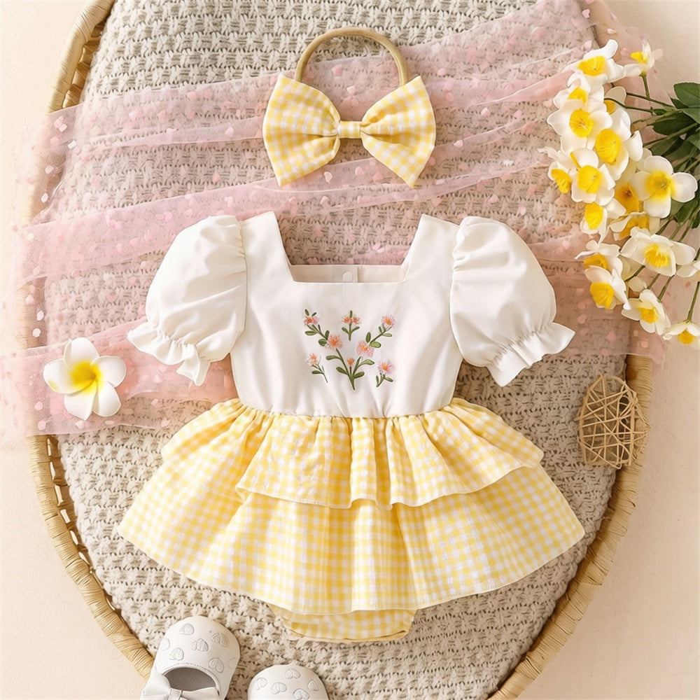 2PCS Grace Floral Embroidery Plaid Print Short Sleeve Baby Romper