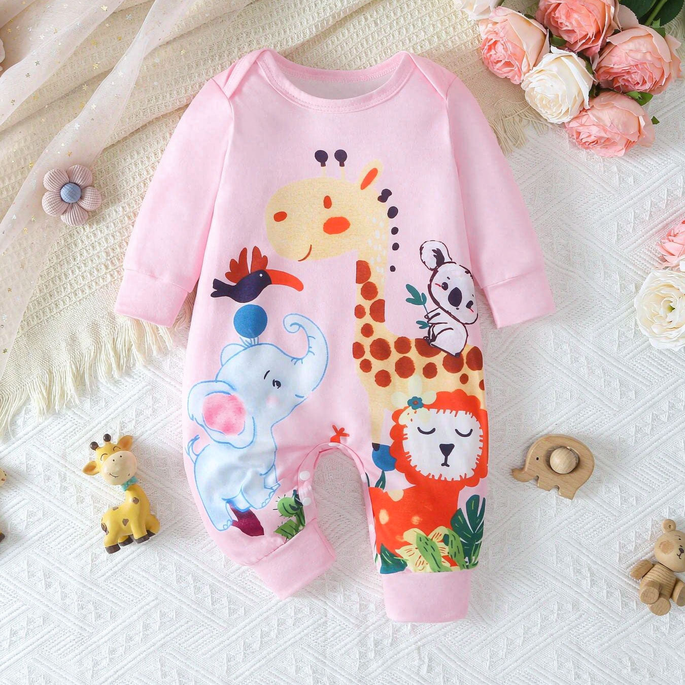 Cartoon Animal Print Long Sleeve Baby Jumpsuit