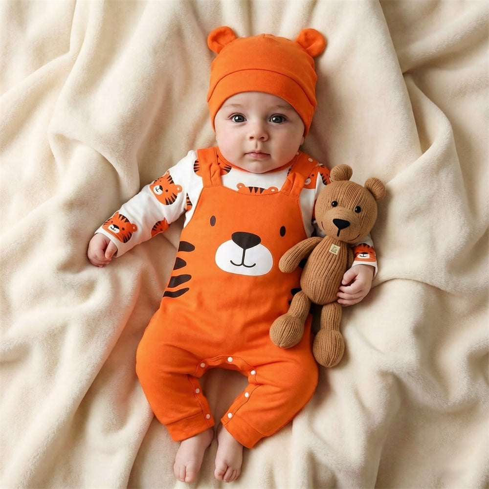 2PCS Lovely Tiger Printed Long Sleeve Baby Jumpsuit