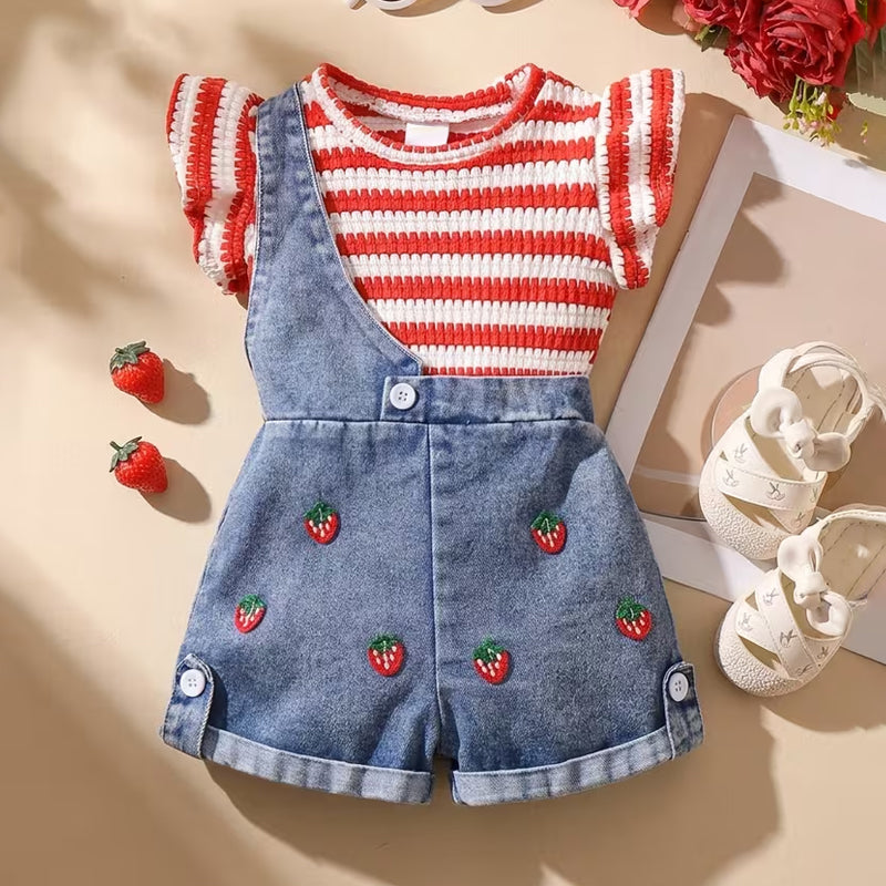 2PCS Lovely Strawberry Appliqued Striped Flutter Sleeve Baby Overalls Set