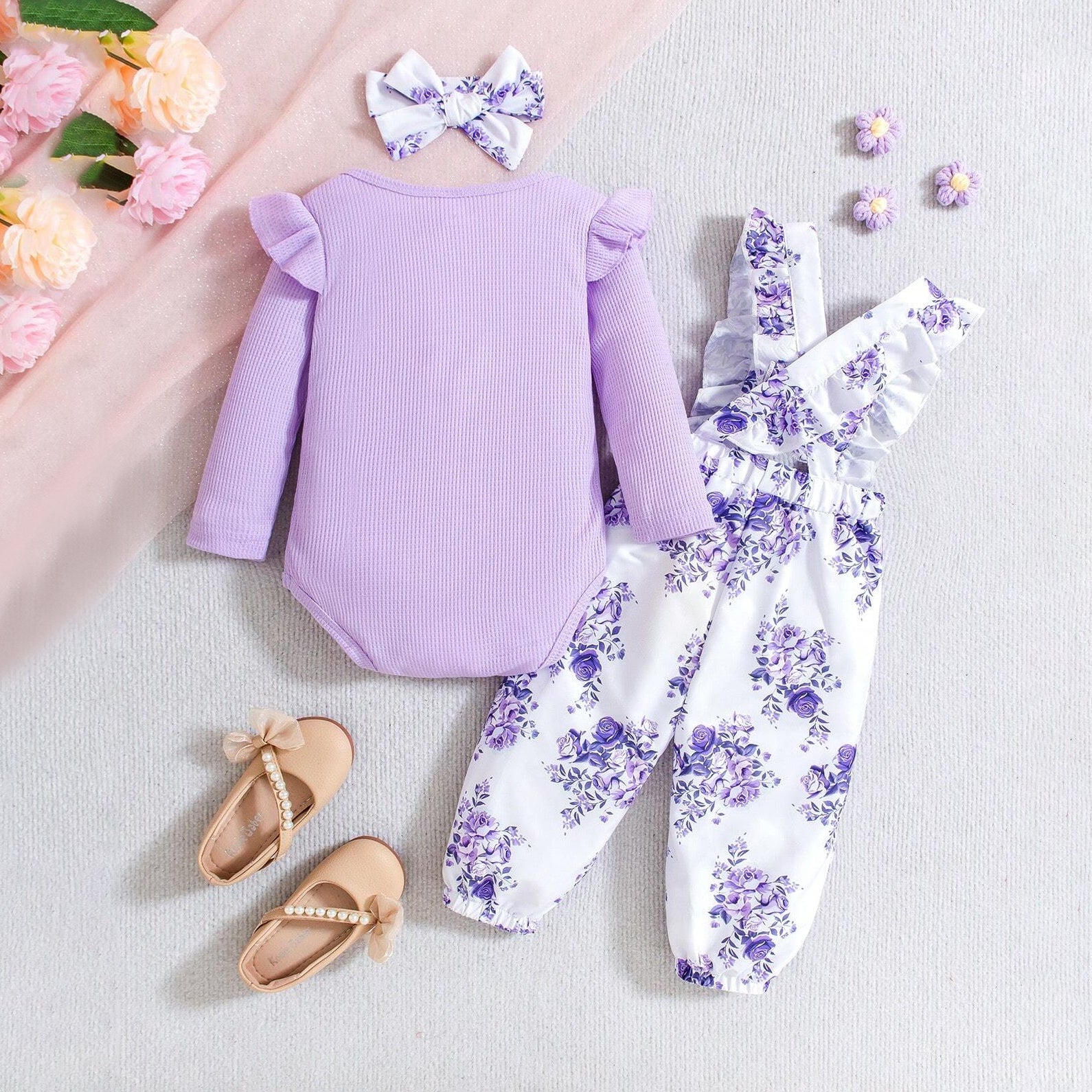 3PCS Elegant Floral Printed Long Sleeve Bow Baby Set